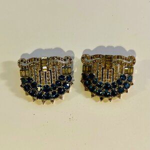 Vintage Art Deco 1920s Blue and Clear Rhinestone Cabochon Clip On Earrings RARE